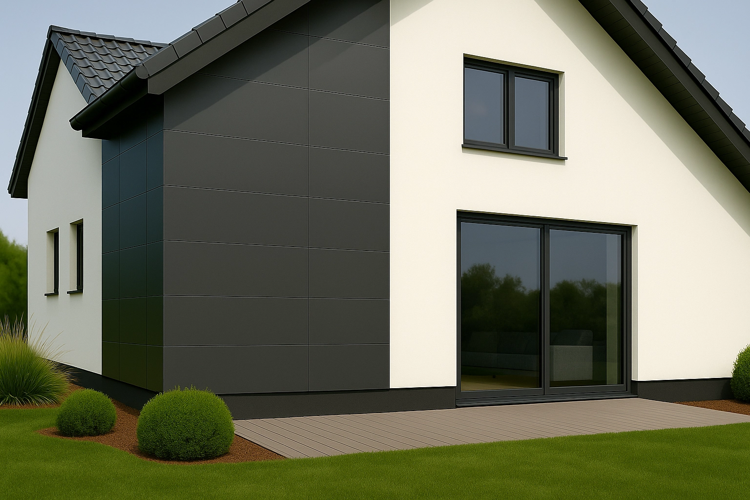 Anthrazit graue HPL Fassadenplatten 6 mman einer Hauswand