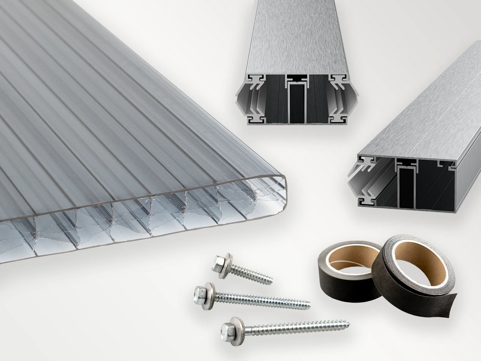 Komplettset aus antzhrazit grauen 16 mm X-Struktur Doppelstegplatten & Zubehör - Idealer Bausatz für Ihre Terrassenüberdachung!