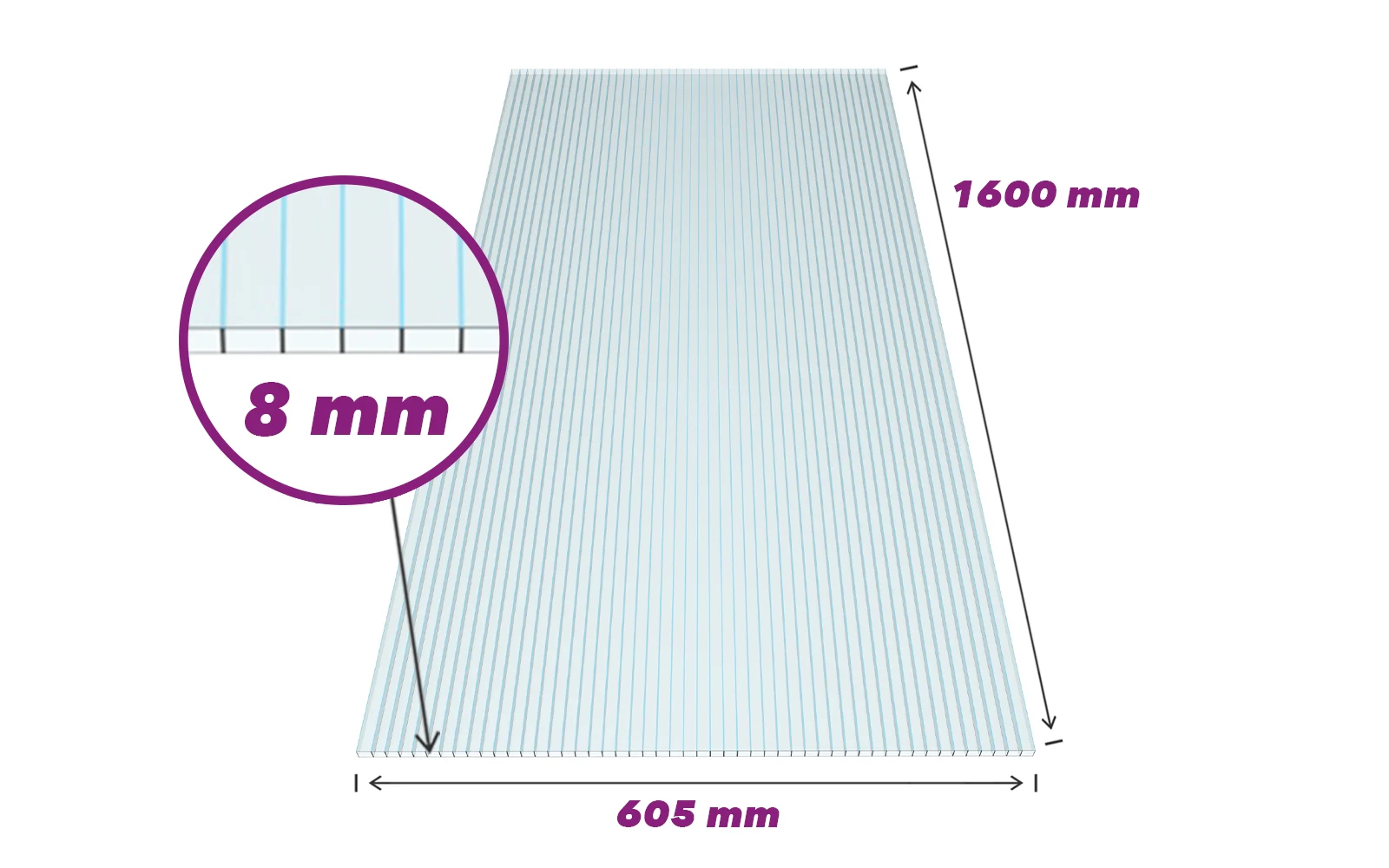 Gewächshausplatte 8 mm Stärke 1600 x 605 mm aus Polycarbonat