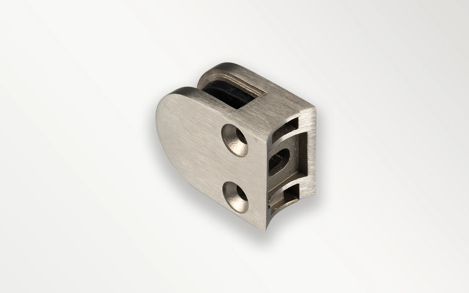 Rückansicht eines Klemmhalter für HPL Platten in 6-6 mm Stärke für Rundrohre