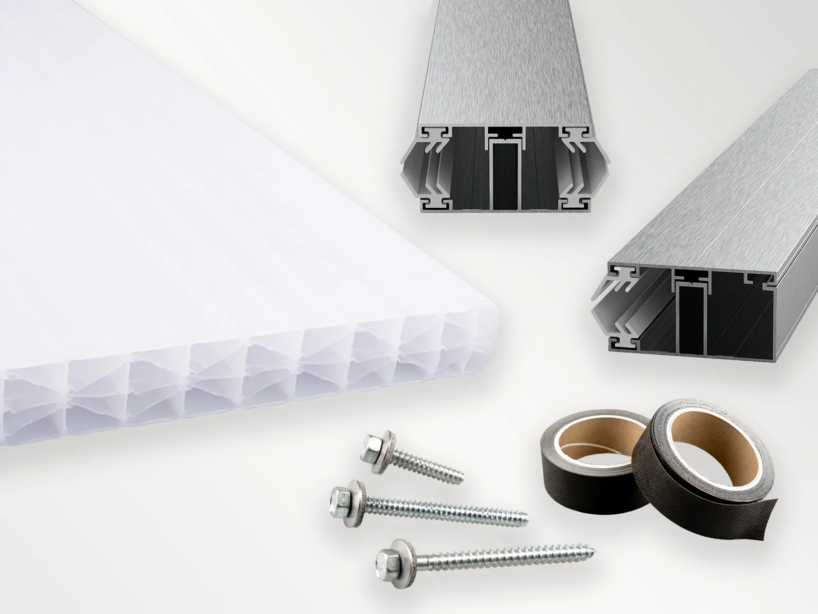 Komplettset aus opalen 16 mm X-Struktur Doppelstegplatten & Zubehör - Idealer Bausatz für Ihre Terrassenüberdachung!