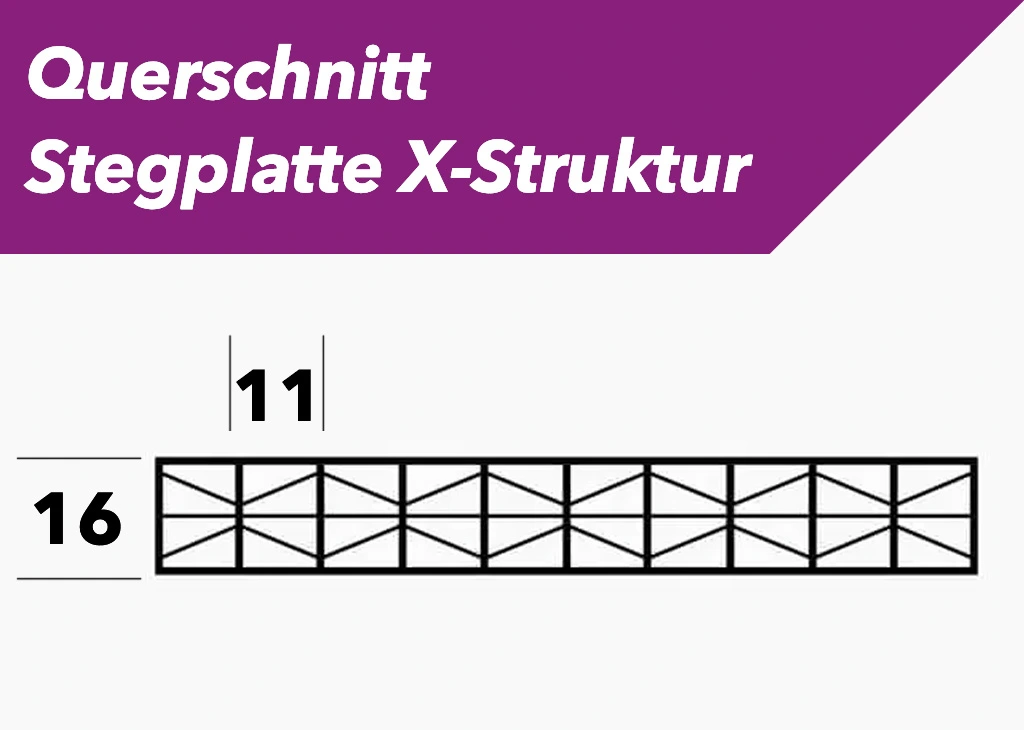 Querschnitt einer X-Struktur Doppelstegplatte aus Polycarbonat 16 mm