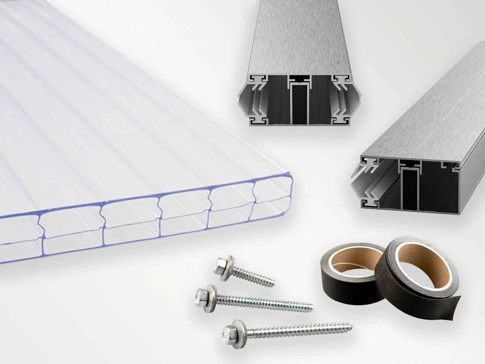 Komplettset aus farblosen 16 mm 3-Fach Doppelstegplatten & Zubehör - Idealer Bausatz für Ihre Terrassenüberdachung!