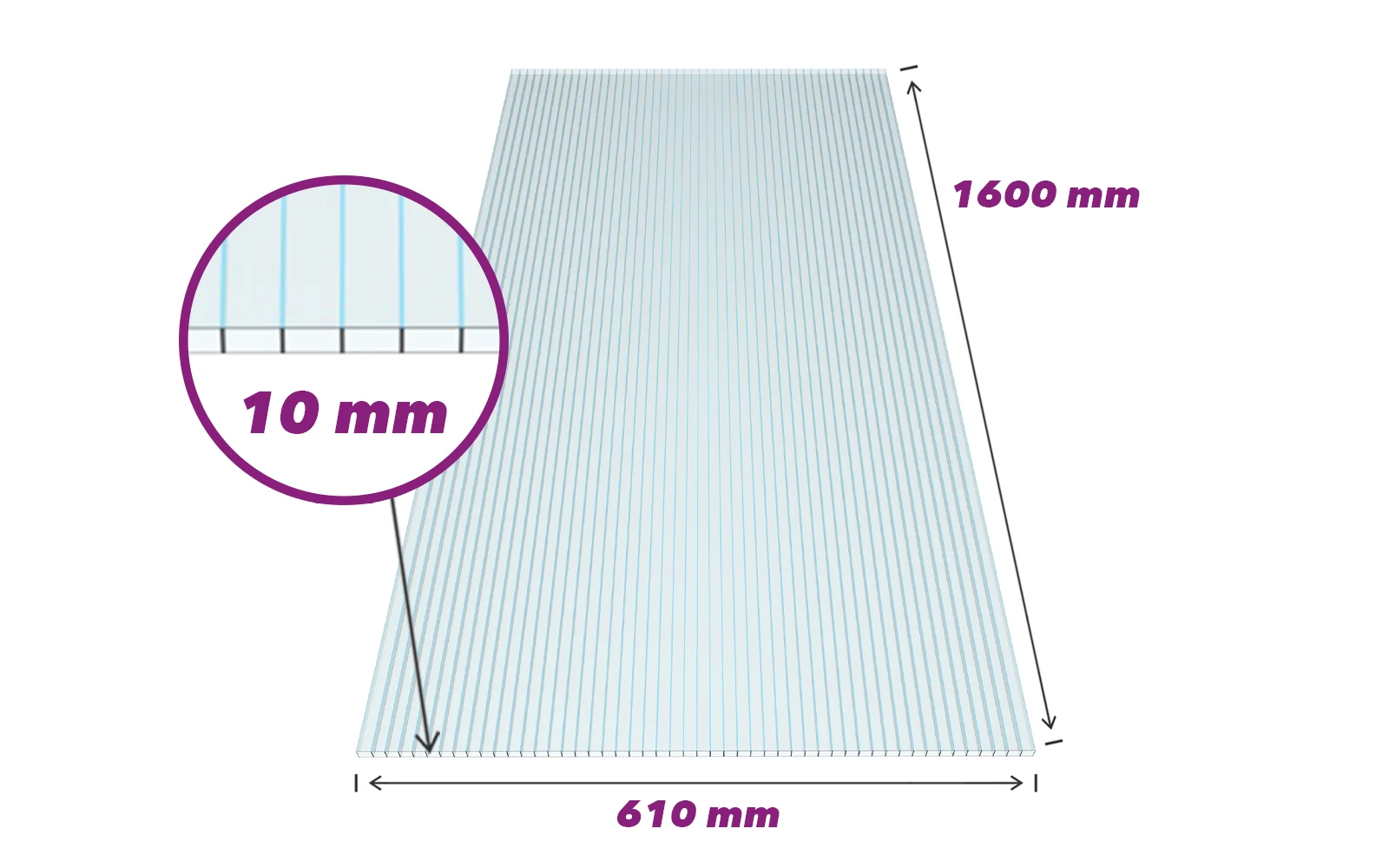 Gewächshausplatte 10 mm Stärke 1600 x 610 mm aus Polycarbonat