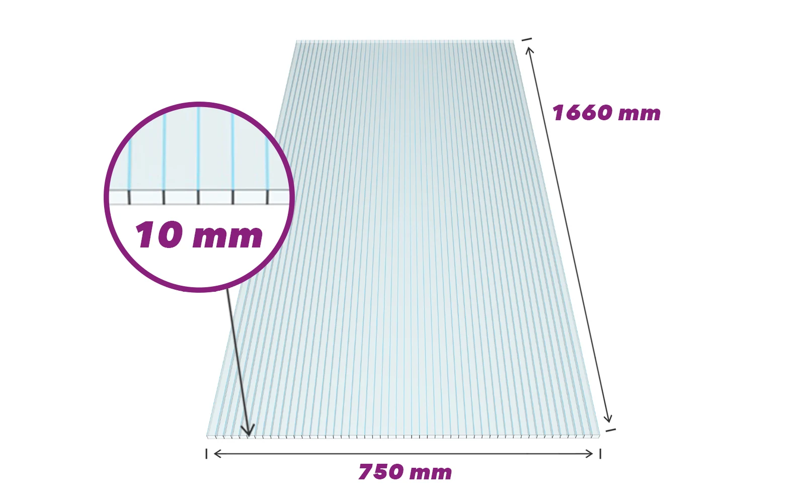 Gewächshausplatte 10 mm Stärke 1660 x 750 mm aus Polycarbonat