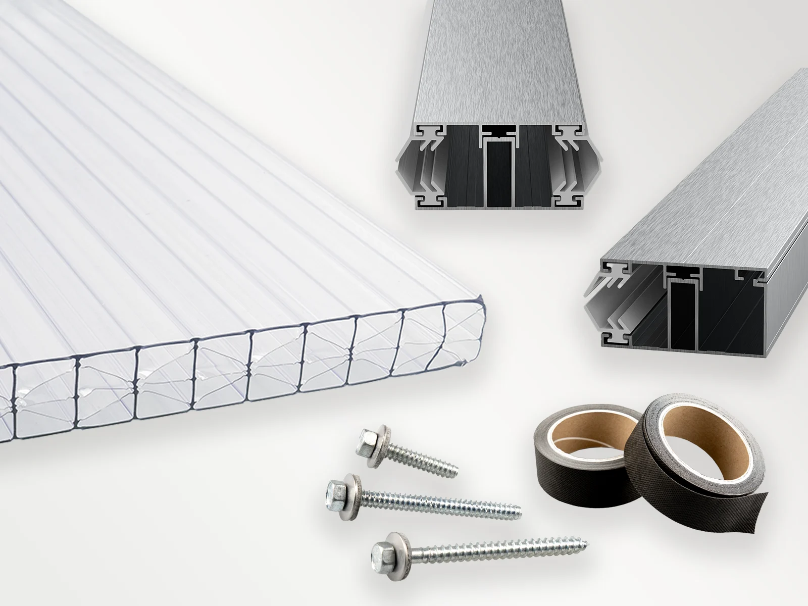 Komplettset aus farblosen 16 mm X-Struktur Doppelstegplatten & Zubehör - Idealer Bausatz für Ihre Terrassenüberdachung!