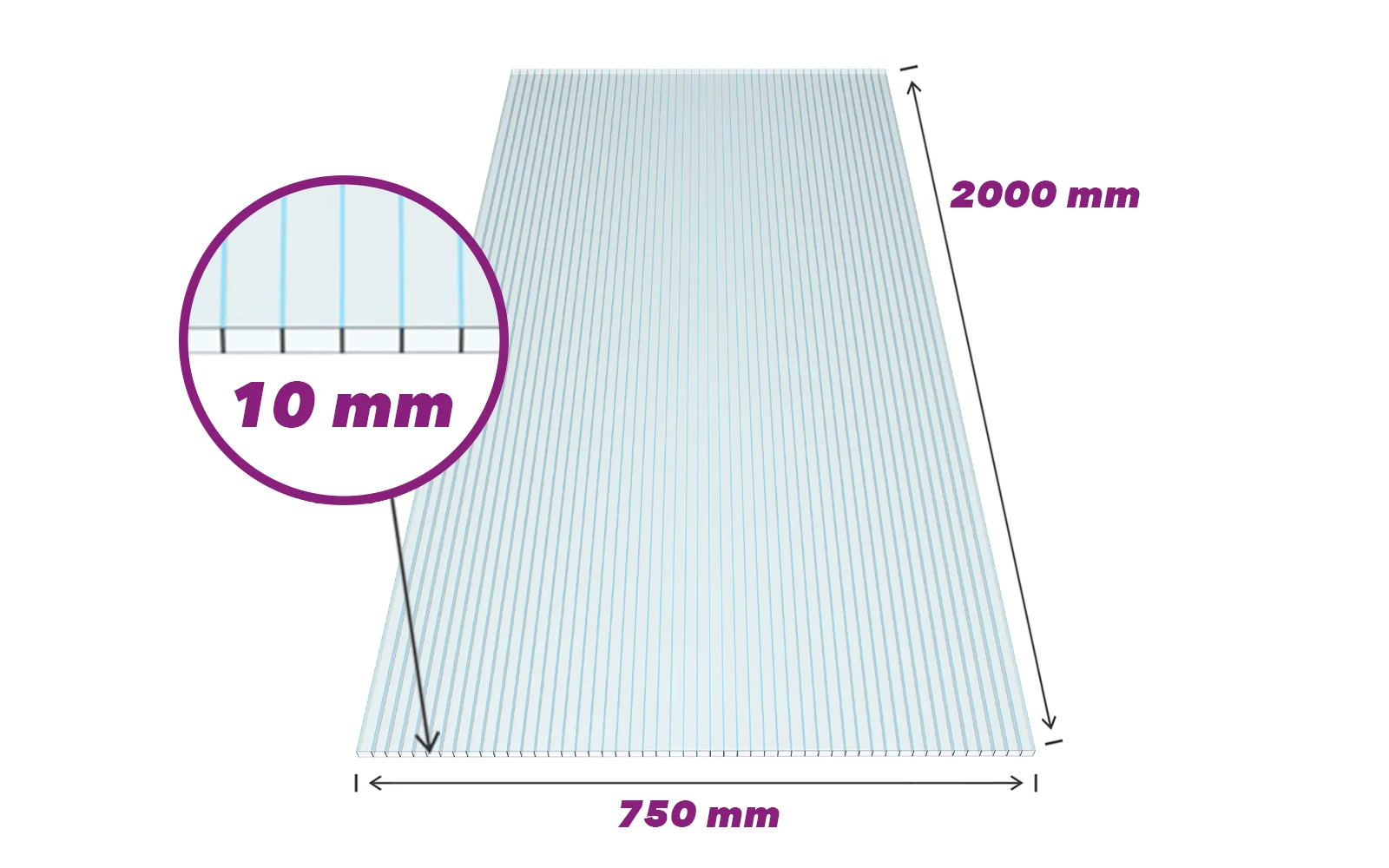 Gewächshausplatte 10 mm Stärke 2000 x 750 mm aus Polycarbonat
